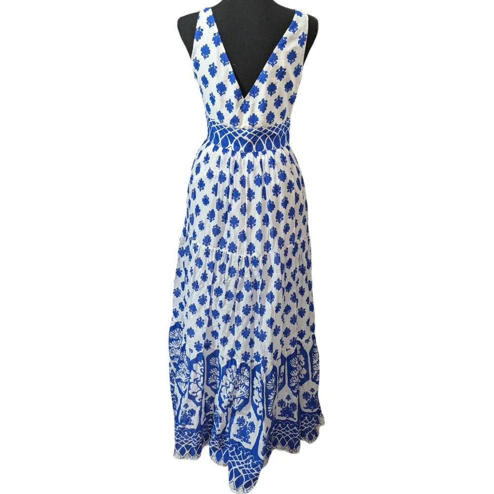 J Crew Santorini Blue White Tile Print Cotton Maxi Dress Size 00 - Picture 4 of 16